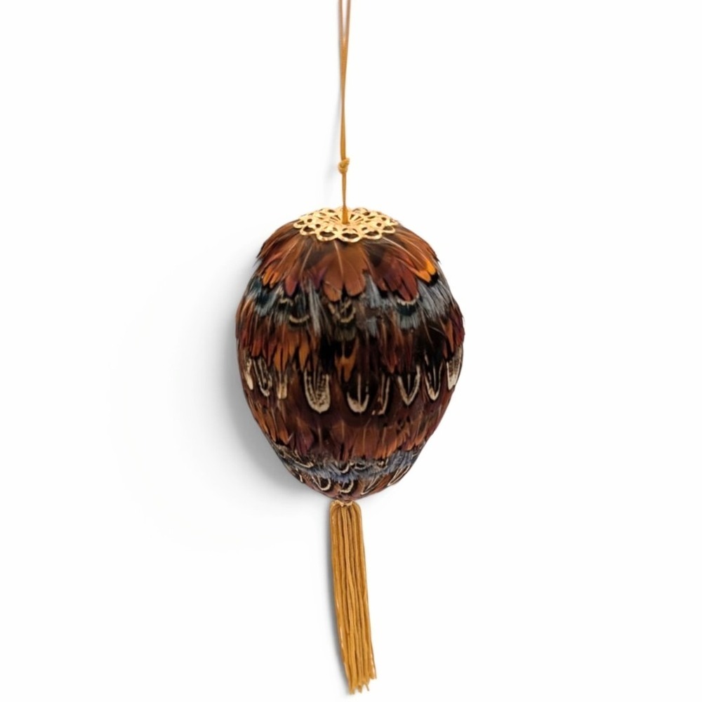 Pheasant Feather Egg Ornament with Gold Filigree and Tassel 7.5 Inch